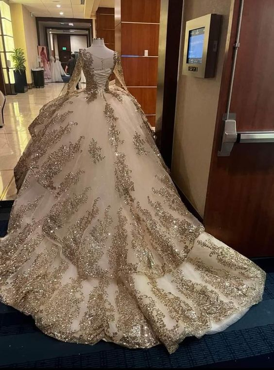 Luxurious Glitter Long Sleeve Dresses Romantic Appliqued Tulle Ball Gowns Y443