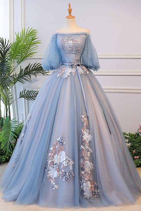 Unique blue tulle lace long prom dress, blue evening dress S13770