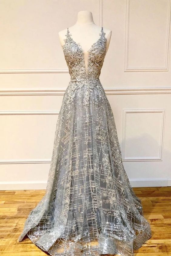 A-line V Neck Lace Prom Dress S17404
