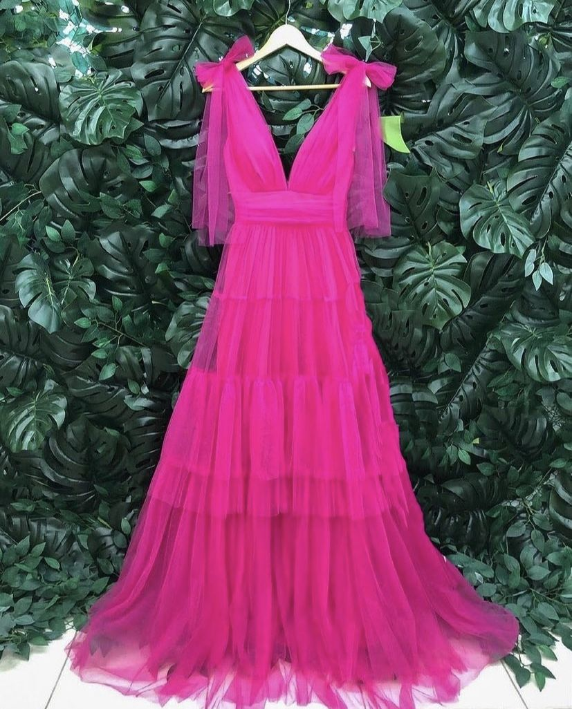 Charming A-line Hot Pink Tulle Long Formal Dress,V Neck Prom Dress Y1882