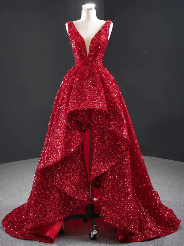 V-neck Long A-line Hi-low Red Sequin Prom Dresses, Long Prom Dresses Y763