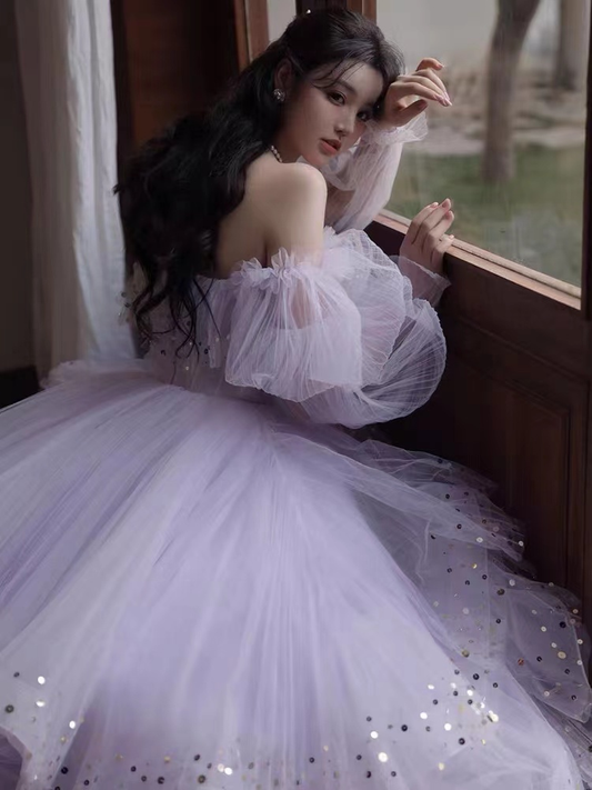 sparkly prom dresses, purple prom dresses, off the shoulder prom dresses, long sleeve prom dresses, tulle prom dress Y507