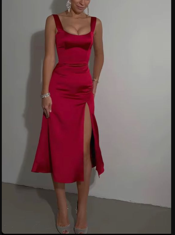 Mid Length Cocktail Dress Front Slit Long Party Dress Short Satin Prom Dresses Y695