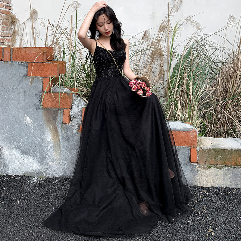Black tulle beads long prom dress, black evening dress Y1134