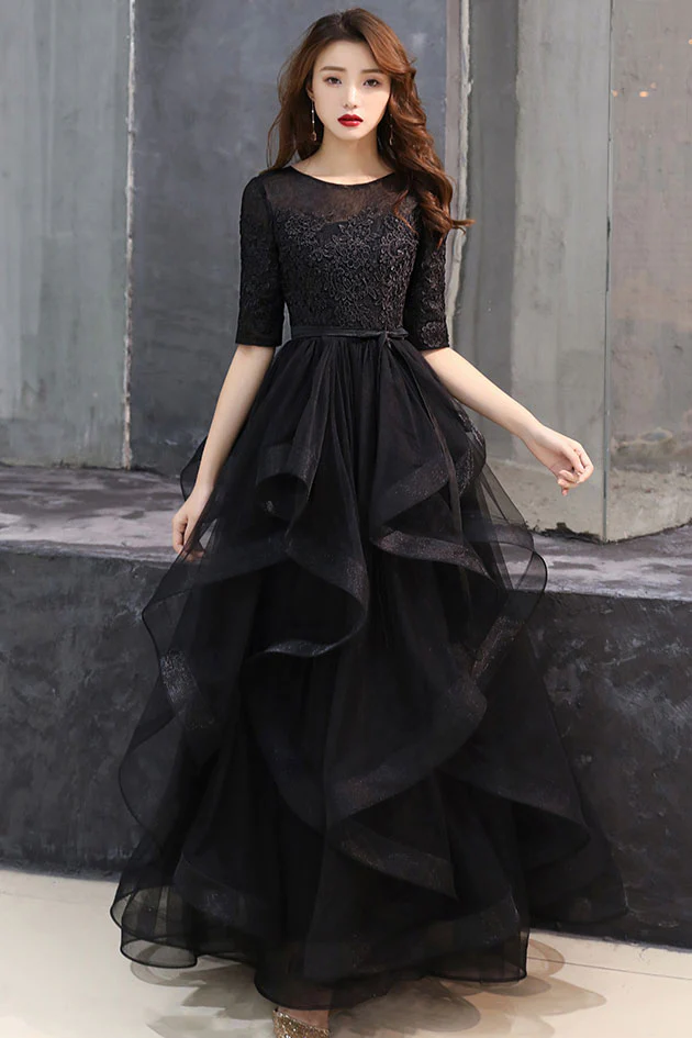 Black round neck tulle lace long prom dress, black formal dress Y255