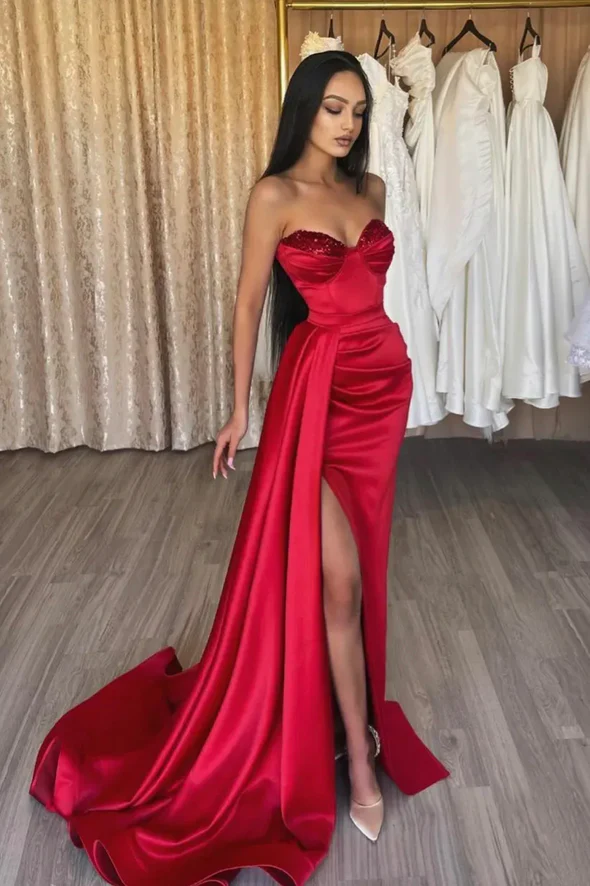 Red satin sequins long prom dress red evening dress Y82