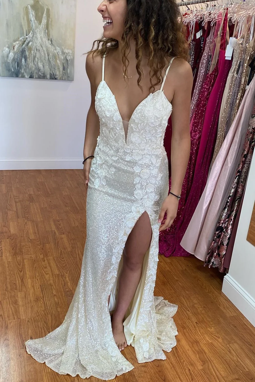 Mermaid Spaghetti Straps Sequin Long Prom Dress with Flowers Y1787