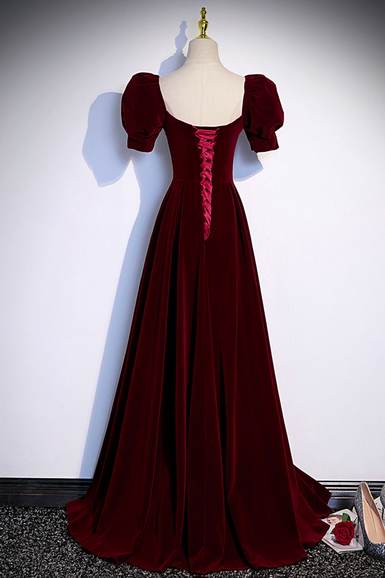 Burgundy velvet long prom dress evening dress s88