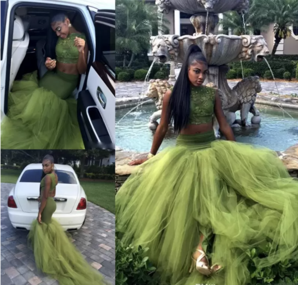 Olive Green Two Pieces Prom Dresses Lace Bodice African Girl Black Girl Evening Dress Y534