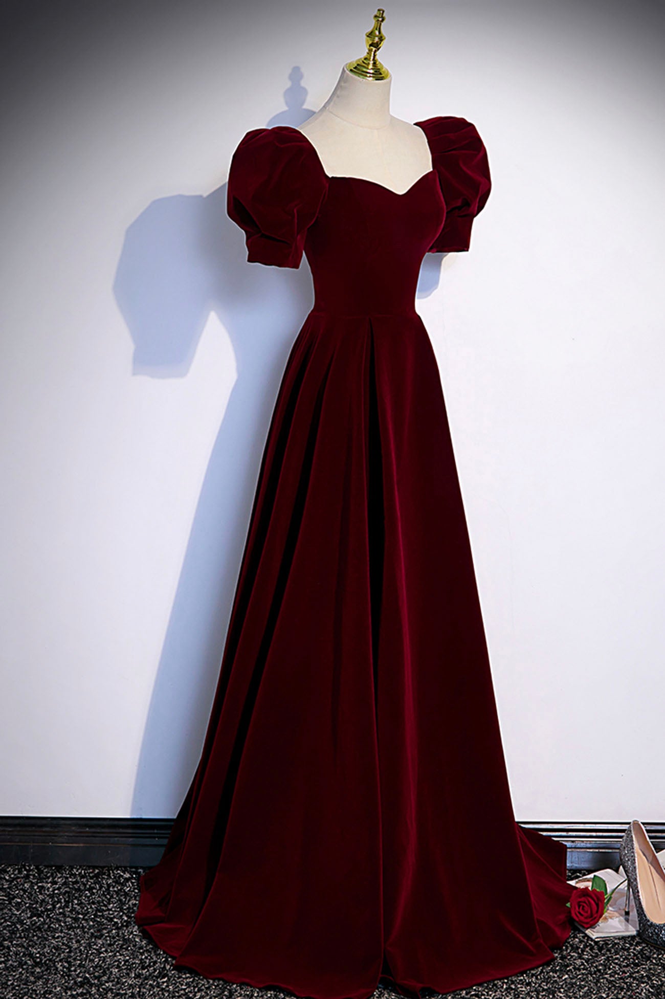 Burgundy velvet long prom dress evening dress s88