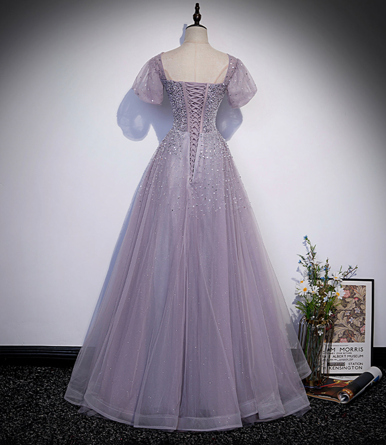 Purple tulle beads long prom dress A line evening gown s59