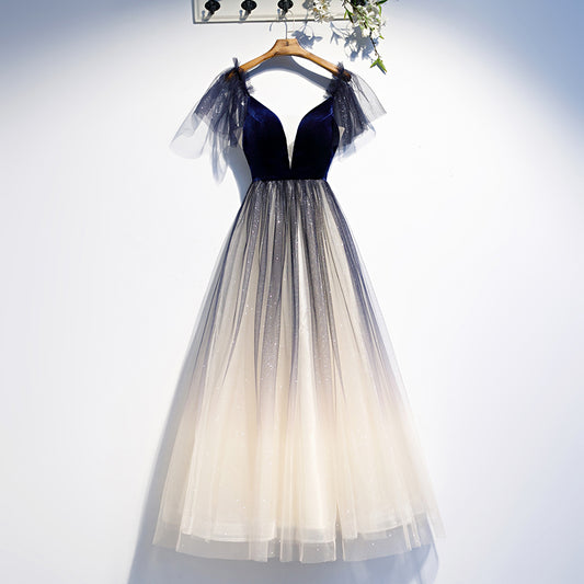 Blue v neck velvet top tulle short homecoming dress s98