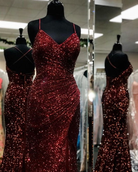 Mermaid Burgundy Sequins Prom Dress,Classic Burgundy Formal Gown Y1545