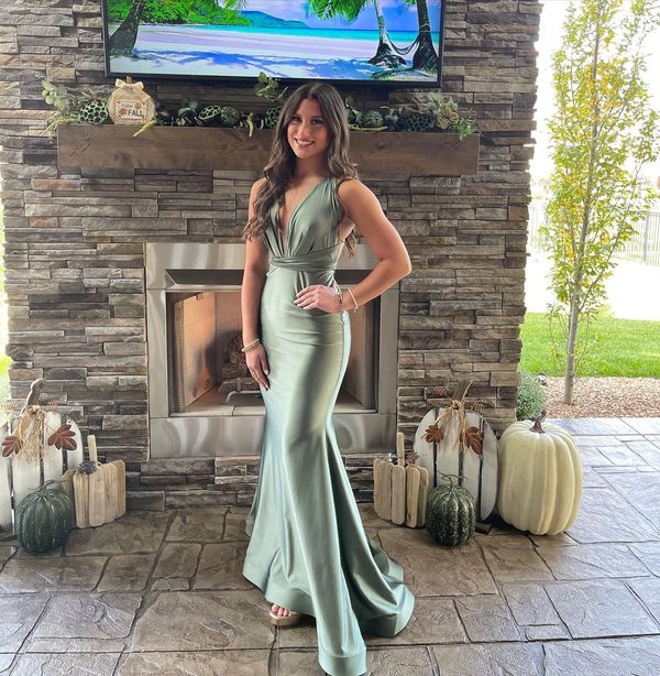 Charming Mermaid V Neck Sage Green Silk Satin Long Bridesmaid Dresses,Elegant Sage Green Prom Dress Y1896