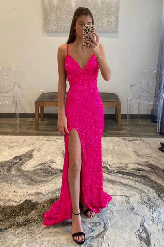 Hot Pink Sequins Glitter Prom Dress with Slit Y1861