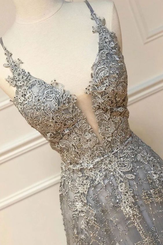 A-line V Neck Lace Prom Dress S17404