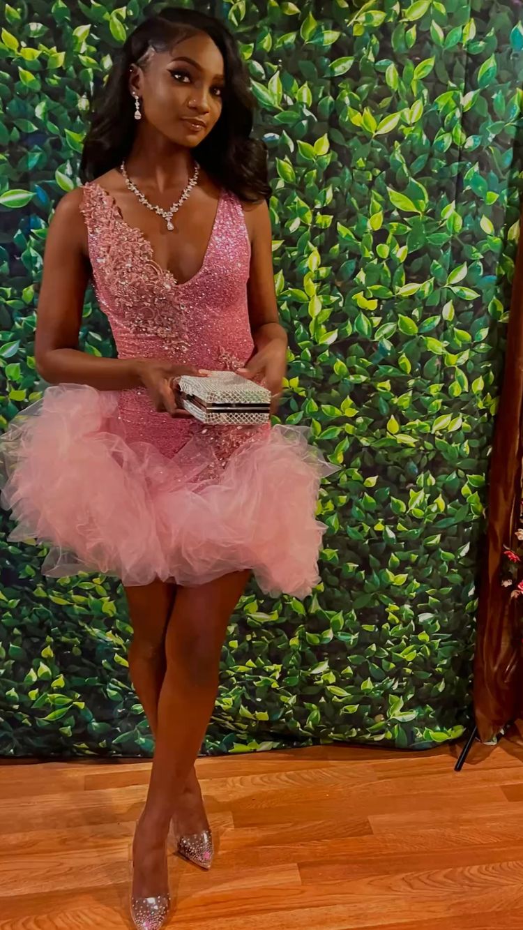 Cute V Neck Pink Short Homecoming Dress and Bottom Tulle Ruffles,Pink Birthday Outfit Dress Y762
