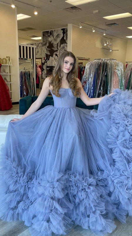 Charming Blue Strapless Tulle Evening Dress With Bottom Ruffles,Generous Blue Evening Gown Y812