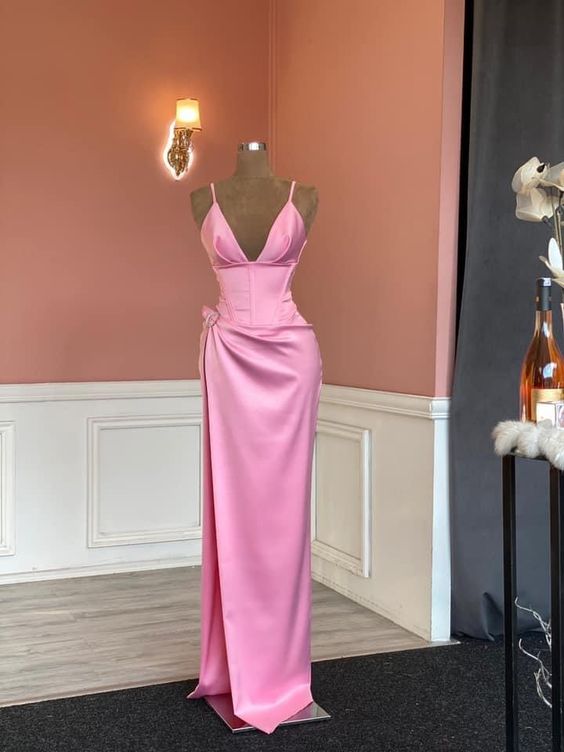 Elegant Pink Sleeveless Spaghetti Straps Evening Dress,Pink Pageant Dress Y817