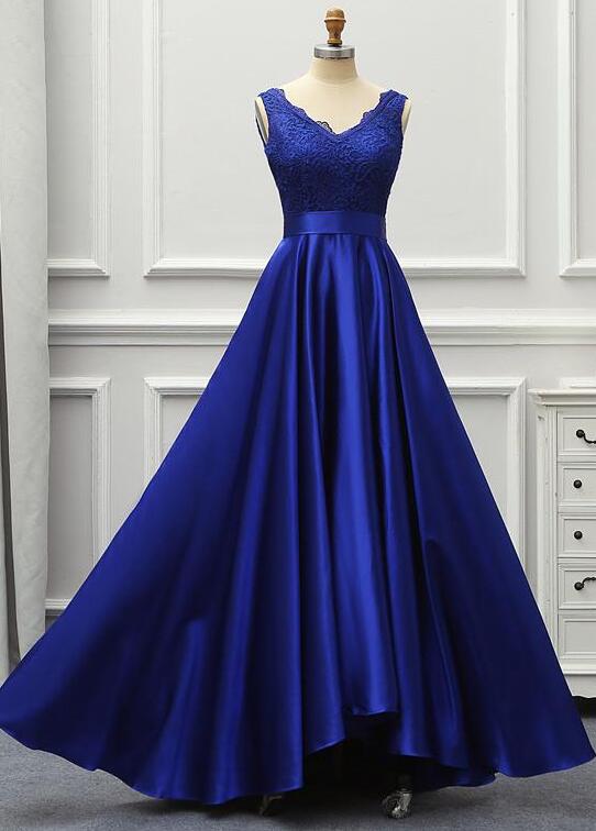 Custom Made Royal Blue Lace A Line Long Prom Dresses Cheap Prom Party Gowns ,Sexy Prom Gowns Y1194