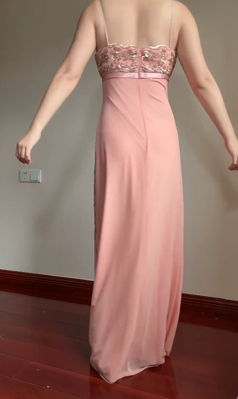 Classy Spaghetti Strap Pink Chiffon Beaded Long Prom Dress Formal Evening Dress SP944