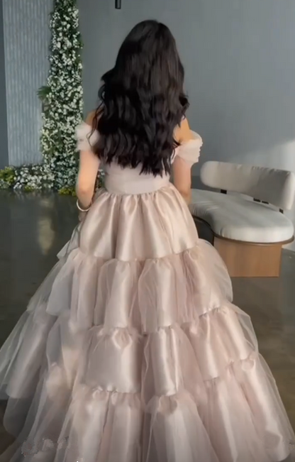 Elegant Tulle Satin Ball Gown Off The Shoulder Layered Prom Dress Y7633