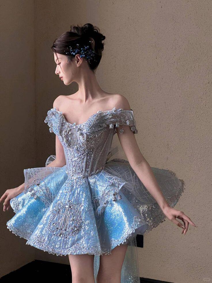 Glitter Off The Shoulder Blue Sequin Tulle Beaded A Line Short Homecoming Dress Birthday Outfits With Bow SP3146