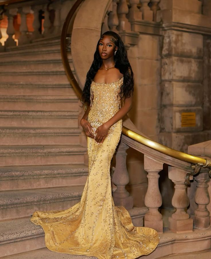 Elegant Gold Satin Beaded Mermaid Long Party Dress Strapless Long Prom Gown SP3729