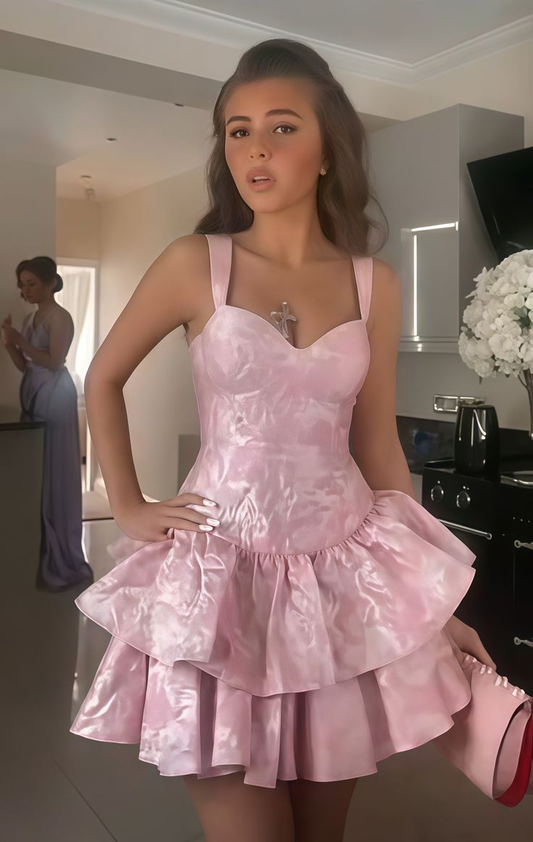 Pink Sweetheart A-line Homecoming Dress Floral Print Ruffle Mini Birthday Outfits Y9581