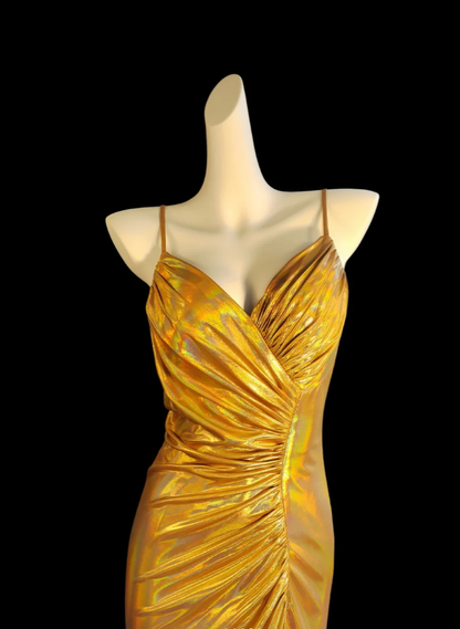 Gorgeous Spaghetti Straps Gold Satin Pleated Mermaid Prom Dress Slit Long Party Gown SP347