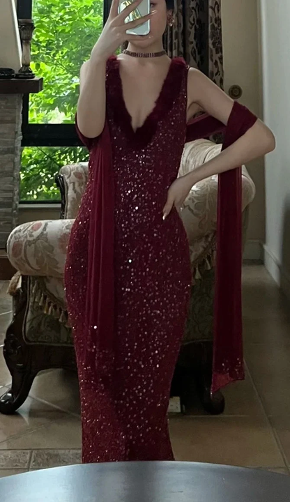 Sparkly Burgundy Sequin Long Party Dress V Neck Mermaid Long Birthday Prom Dresses SP3850