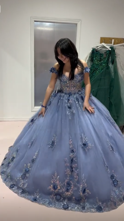 Charming Off The Shoulder Blue Tulle Sequin Floral Quinceanera Dress Sweet 16 Dress SP4286