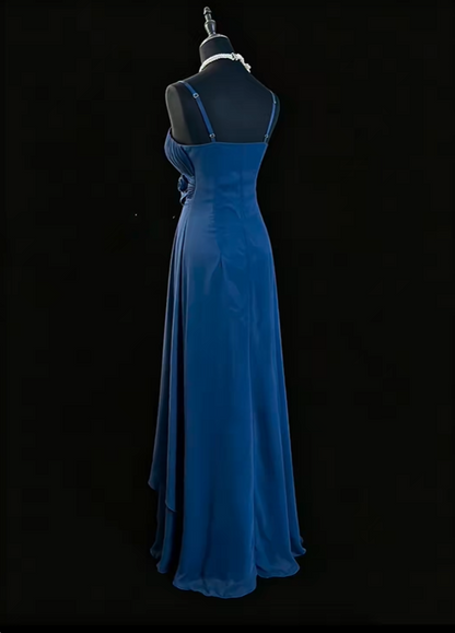 Classy Spaghetti Strap Satin Chiffon Pleated Long Wedding Guest Dress Navy Blue Party Dress SP2766