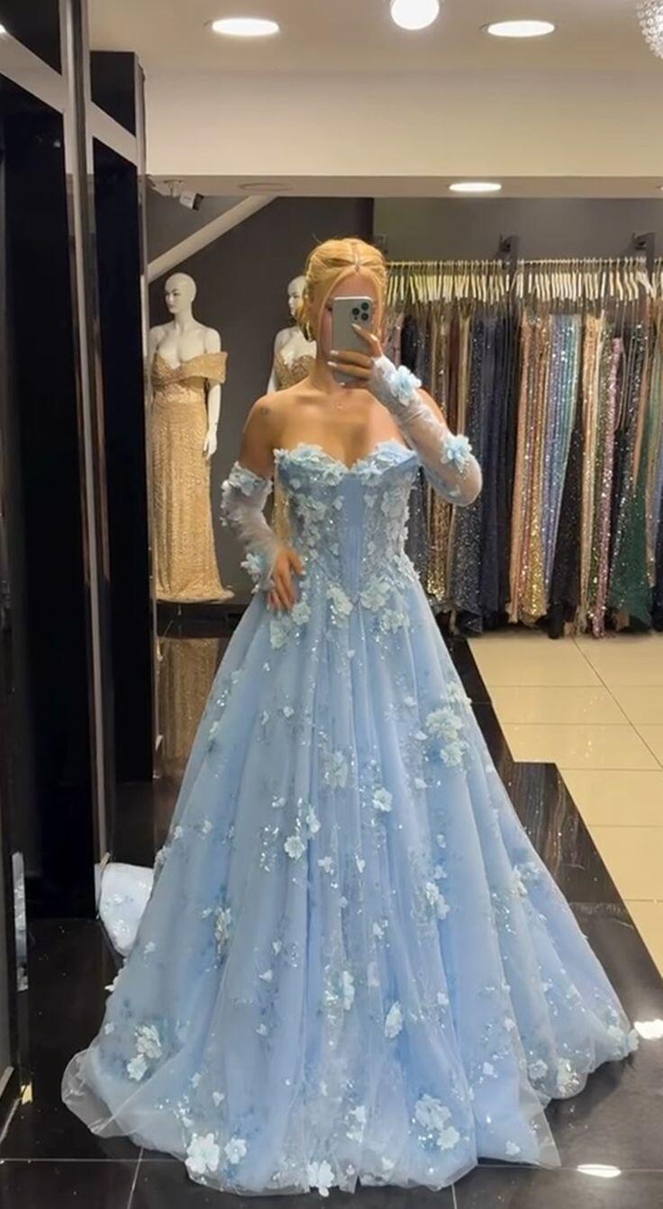Elegant Blue Strapless Tulle Appliques Long Party Dress Prom Dress SP2631