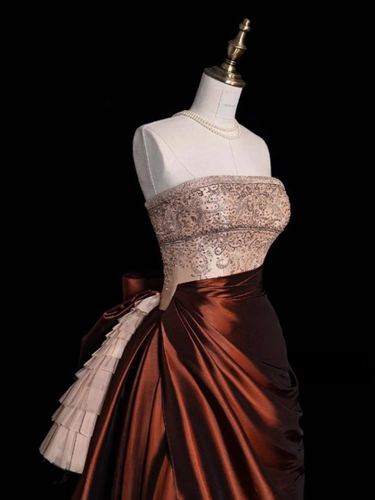 Vintage Strapless Satin Beaded  A Line Evening Dress Prom Gown Y8795