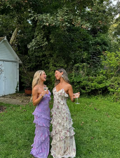 Charming Spaghetti Straps Lavender Chiffon Print Floral Evening Dress,Ruffles Long Prom Dress Y8266