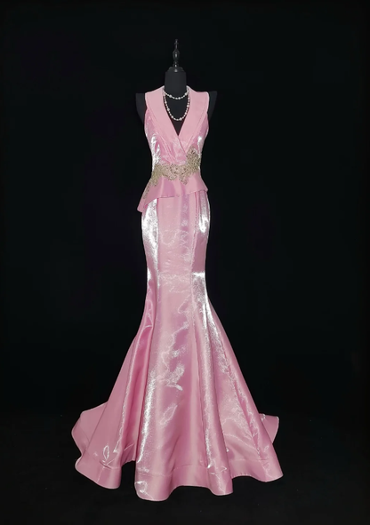 Classy V Neck Sleeveless Pink Satin Mermaid Long Evening Dress Prom Dresses SP434