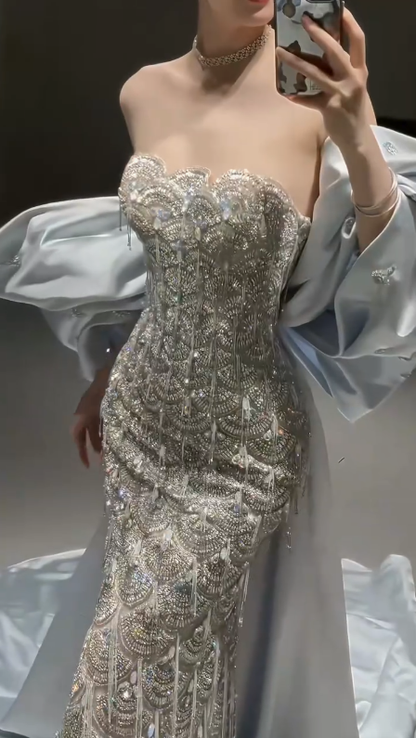 Sparkly Satin Beaded Mermaid Evening Dress,Long Prom Dress With Bow Y8330