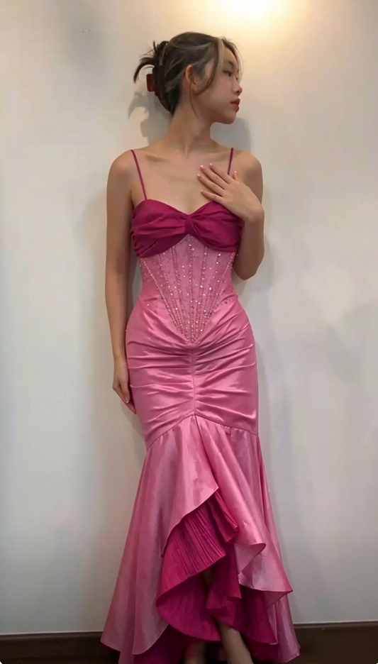Vintage Spaghetti Straps Pink Satin Pleated Beaded Mermaid Long Party Dress SP4213