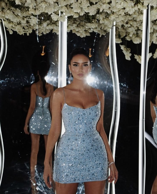 Sparkly Spaghetti Straps Blue Sequin Bodycon Cocktail Dress,Short 8th Grade Homecoming Dress SP3072