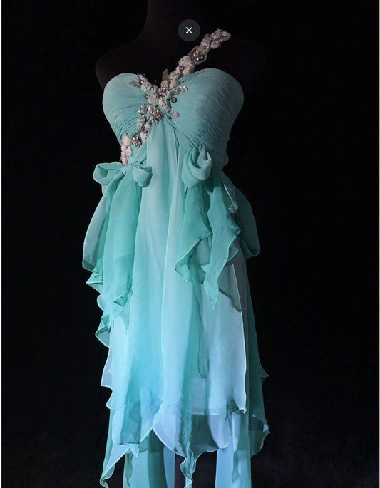 Charming Blue Chiffon Beaded Long Party Dress One Shoulder Prom Dress SP4174