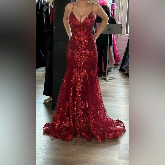 Charming Red Mermaid Lace Appliques Prom Dress,Evening Dress,Winter Dance Dress Y4345