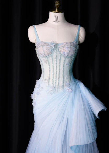 Classy Spaghetti Straps Blue Tulle Beaded Mermaid Long Evening Dress Prom Dress With Butterfly SP2236