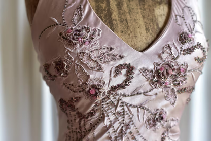 Elegant Halter V Neck Pink Satin Beaded Mermaid Evening Dress Backless Long Prom Dress SP467