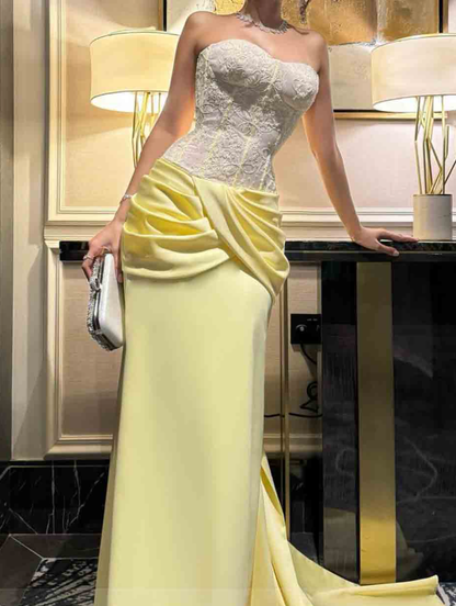 Pretty Strapless Yellow Satin Pleated Mermaid Birthday Outfit Long Party Dress SP645