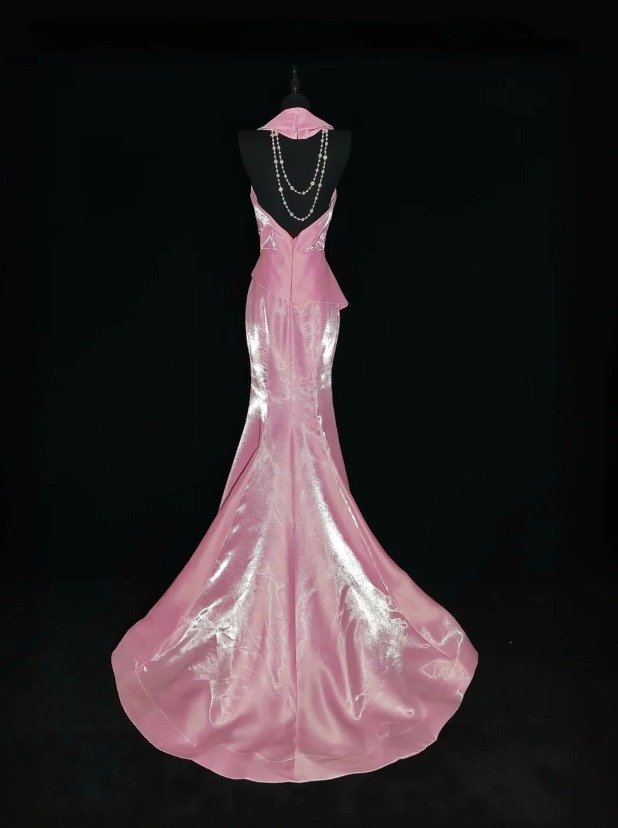 Classy V Neck Sleeveless Pink Satin Mermaid Long Evening Dress Prom Dresses SP434