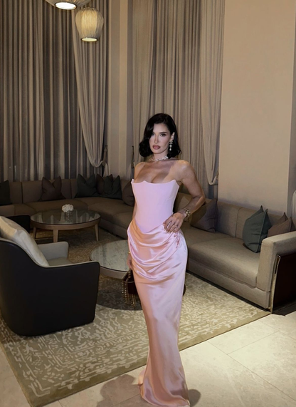 Sweet Pink Strapless Satin Pleated Long Wedding Guest Dress Evening Gown SP987