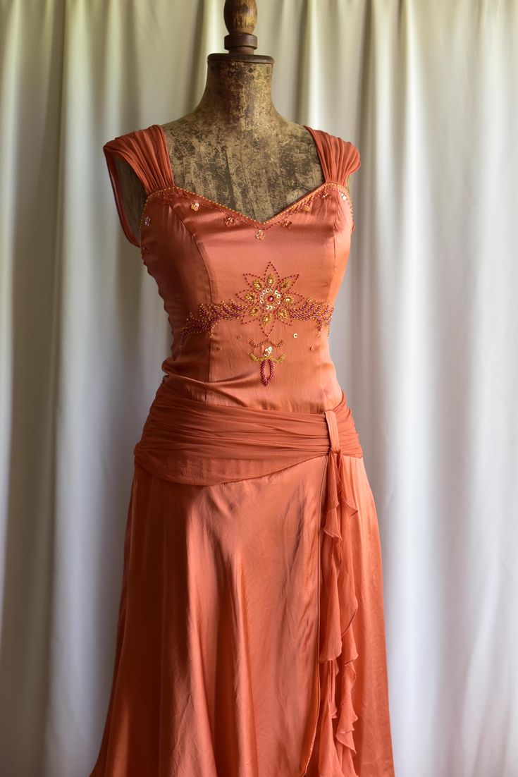 Vintage Orange V Neck Satin Chiffon Beaded Layered Mermaid Party Dress Formal Birthday Prom Gown SP684