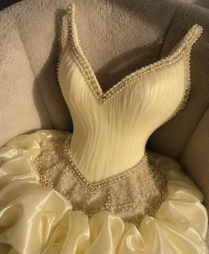 Charming Yellow V Neck Tulle Beaded A Line Short Homecoming Dress Birthday Outfits SP4177