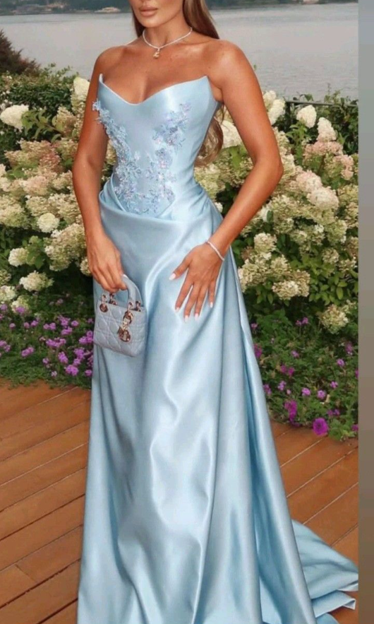 Gorgeous Strapless Blue Satin Beaded Appliques Mermaid Evening Dress Long Wedding Guest Dress SP978
